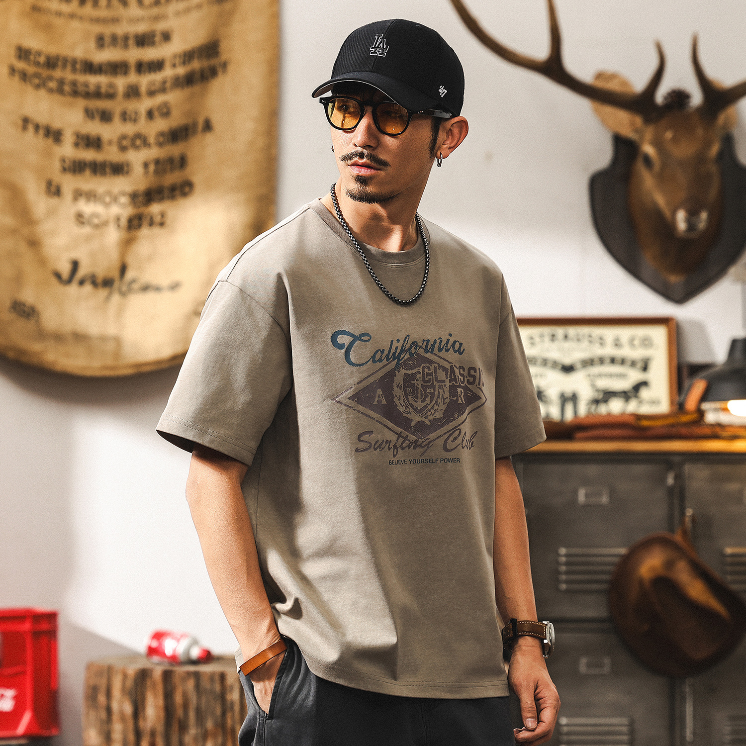 三本針雙紗精梳棉重磅300g夏季T恤男士短袖美式復古蠟染寬鬆上衣