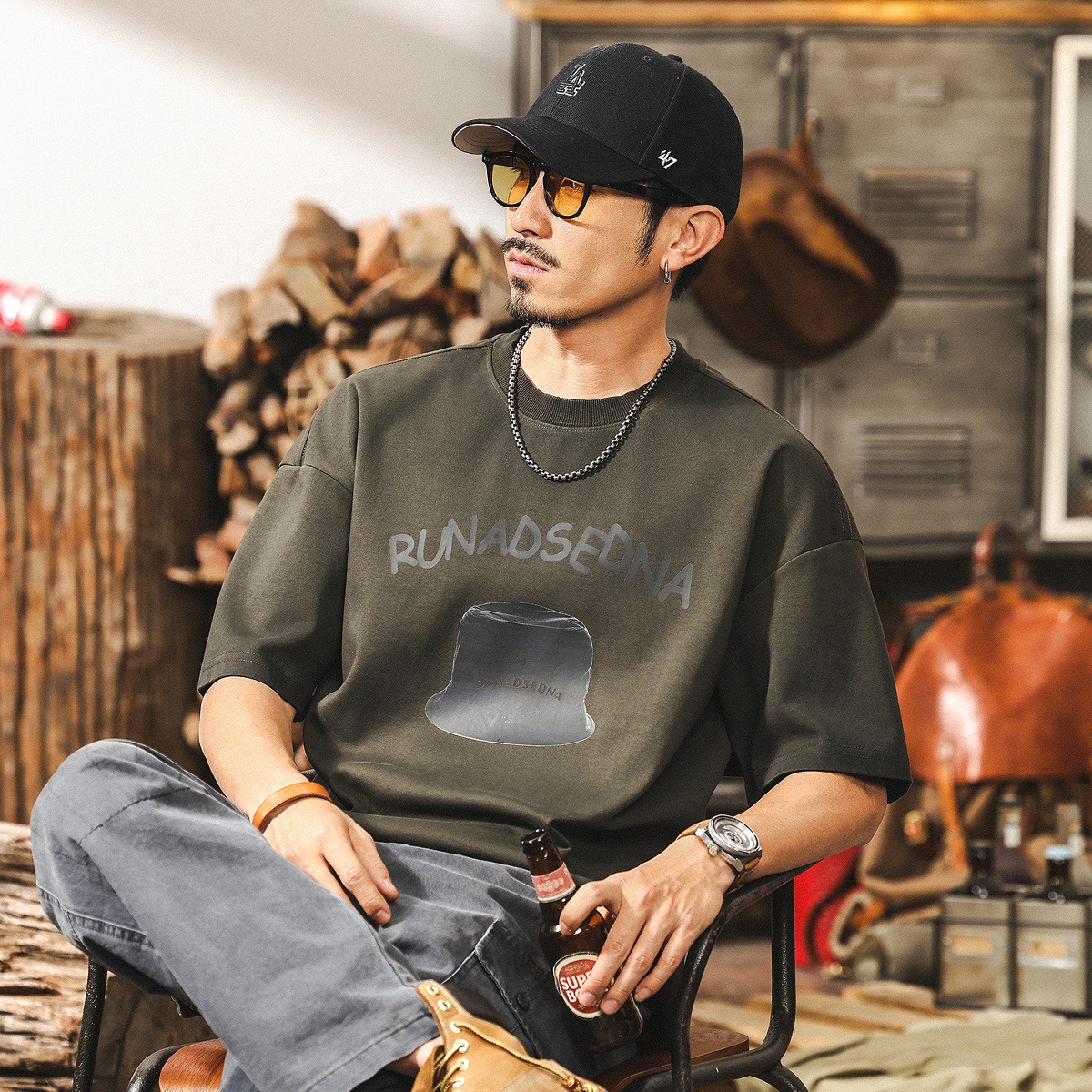 安可拉紅300g重磅T恤男短袖夏季2025新款美式復古髒染水洗上衣男