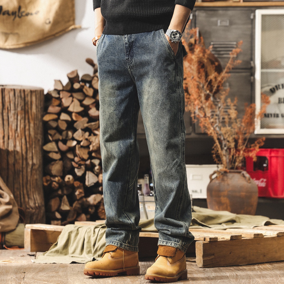 美式復古水洗工裝褲子男直筒春季新款潮牌牛仔褲男士寬鬆休閒長褲