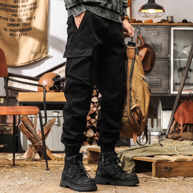 美式復古紫色工裝褲男寬鬆潮牌秋季多口袋束腳城市戶外通勤休閒褲