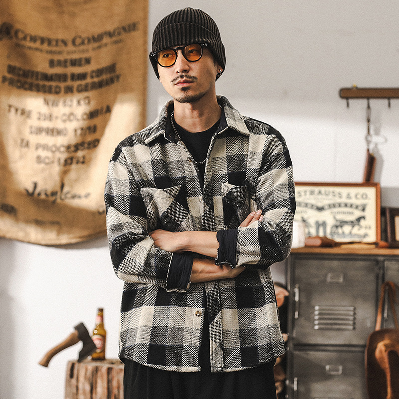 美式復古580g重磅色織格子襯衫外套男春秋2025新款潮流休閒襯衣男