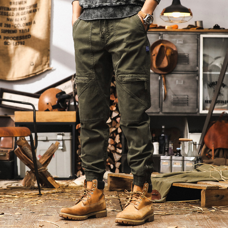 美式復古軍綠色工裝褲男秋季潮牌重磅束腳休閒褲男士寬鬆運動長褲