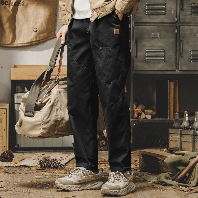 美式重磅工裝褲子男寬鬆直筒休閒褲秋冬款潮流水洗做舊雙膝伐木褲