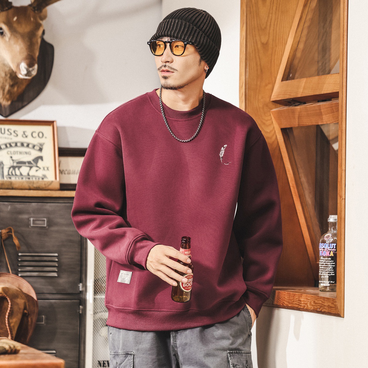 美式復古紅色衛衣男秋季2025新款寬鬆大碼潮流420g重磅男士上衣潮