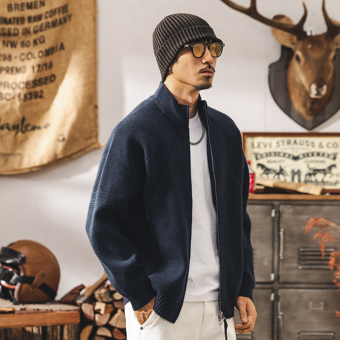 美式復古7針重磅開衫毛衣男春秋雙拉鍊半高領針織衫外套男士秋冬