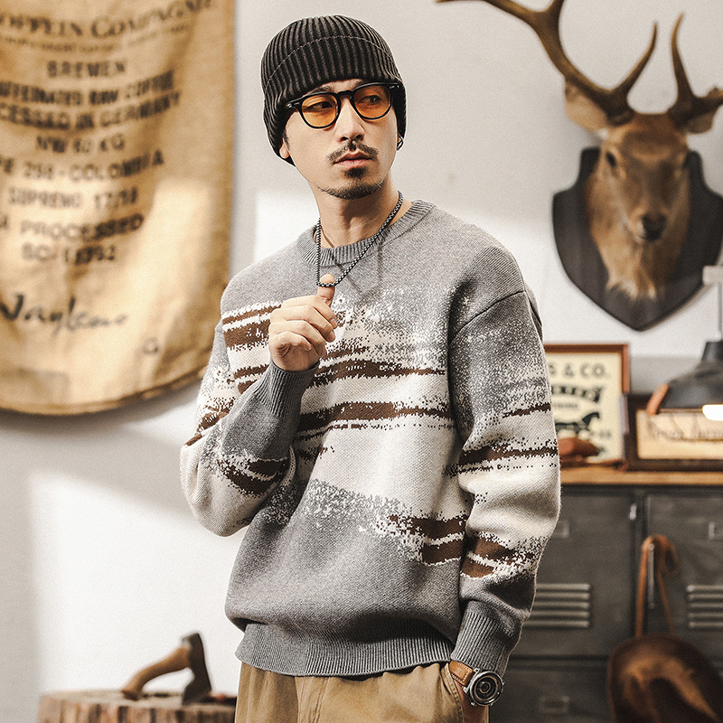 美式7針640g重磅復古毛衣男冬季圓領慵懶風針織衫男加厚線衫外套