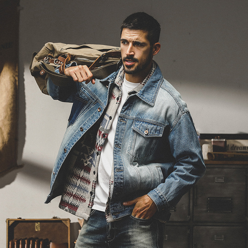 美式經典復古牛仔外套男秋冬款水洗做舊寬鬆潮流休閒男士工裝夾克