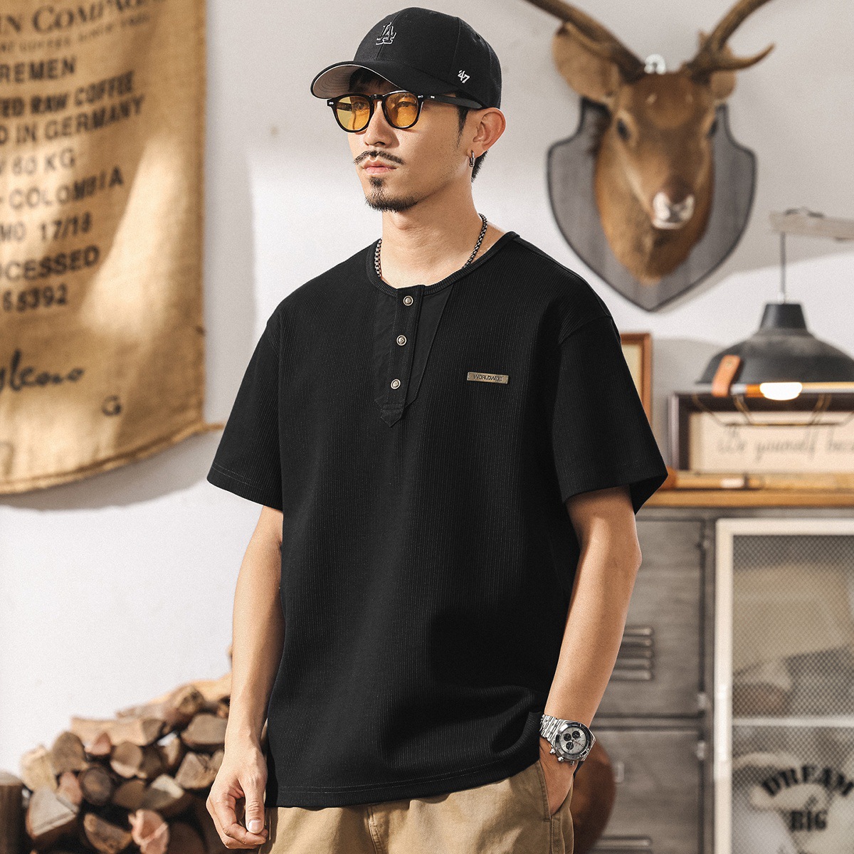 美式重磅POLO衫男士夏季新款短袖T恤復古亨利領寬鬆休閒男裝上衣T