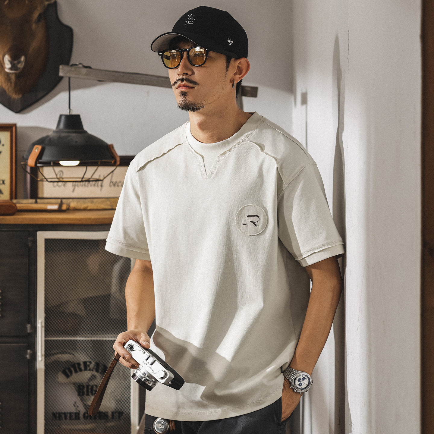 夏季新款重磅T恤男士短袖潮牌拼接寬鬆大碼美式復古休閒體恤上衣