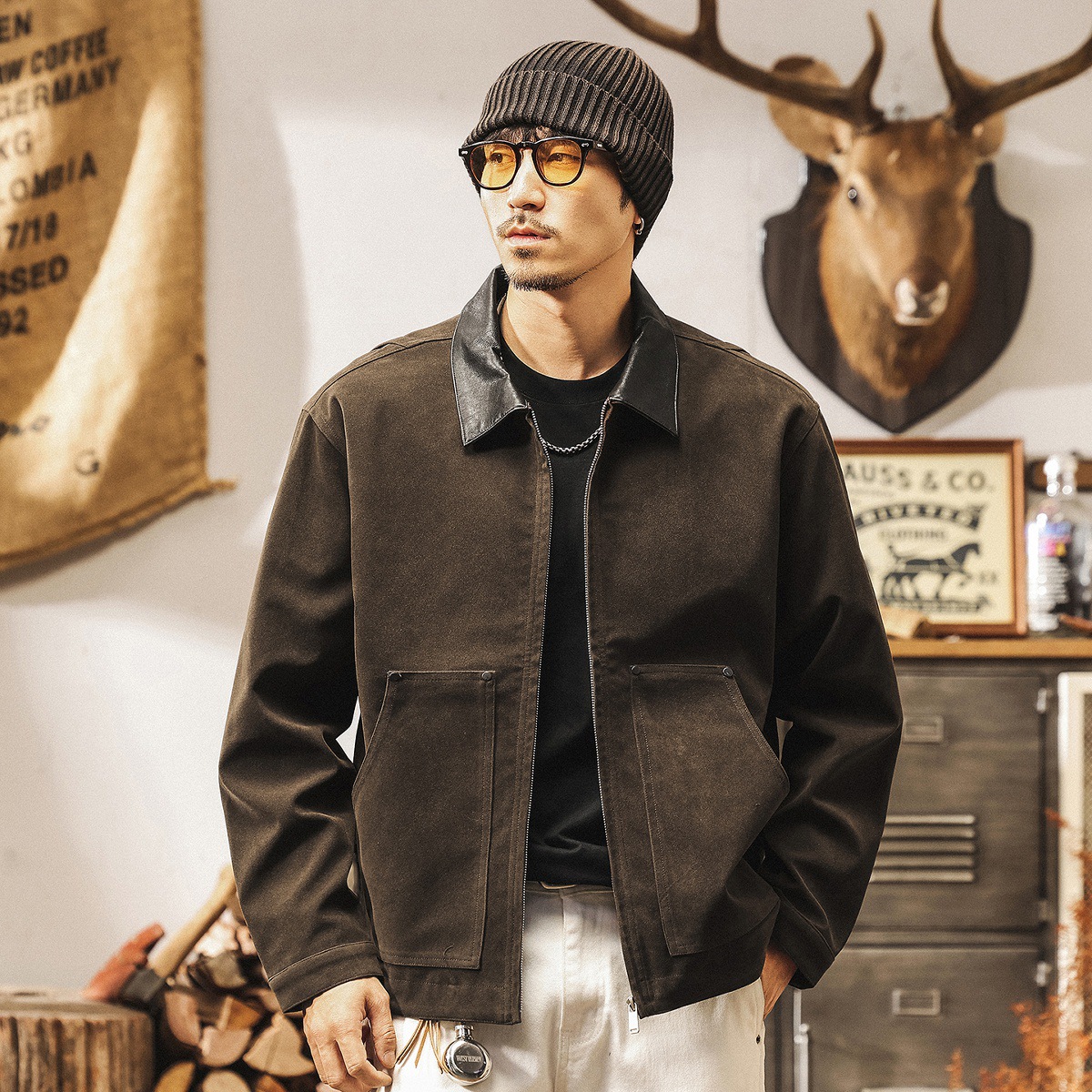 美式復古反絨皮外套男秋春款寬鬆潮牌帥氣工裝機車皮衣夾克男秋季