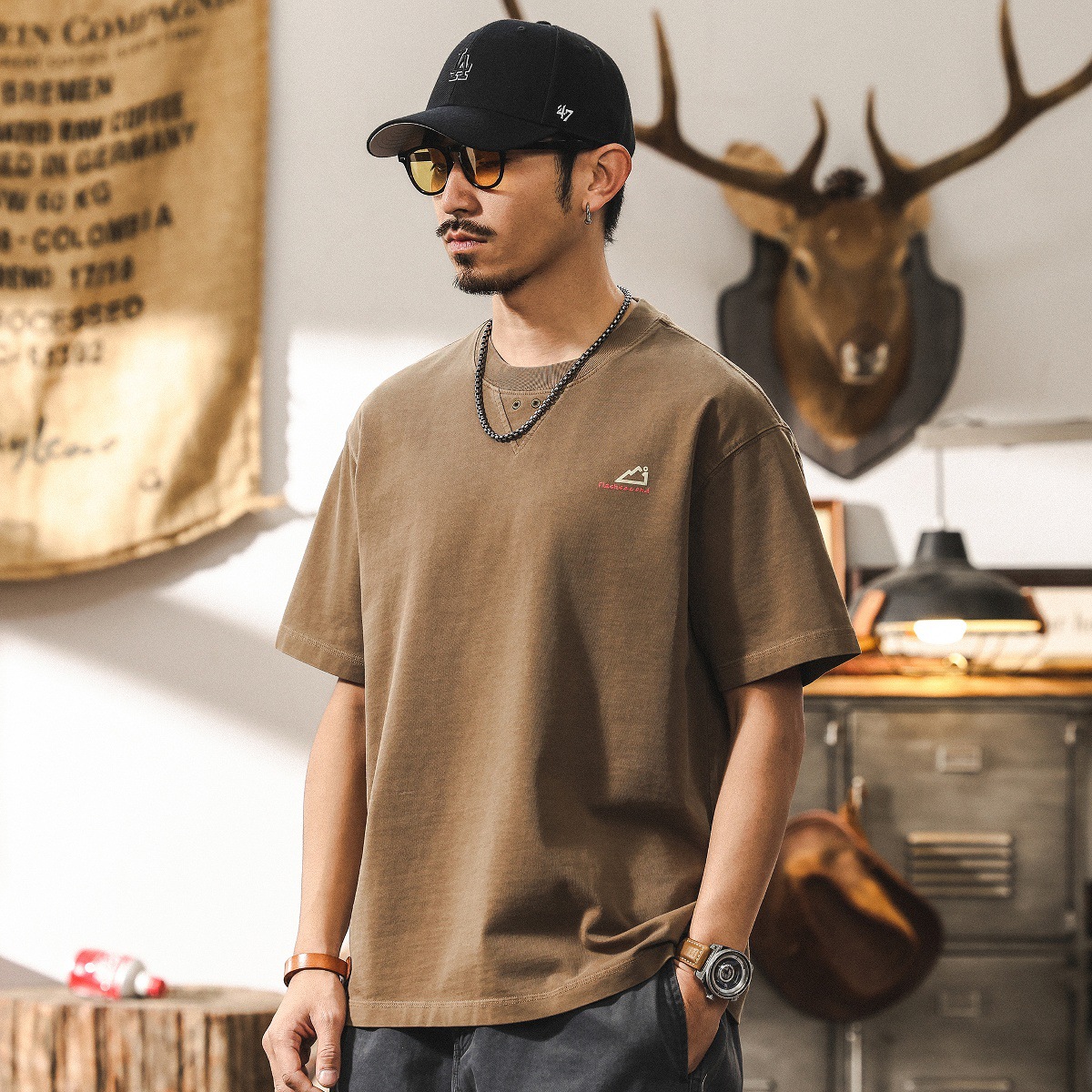 260g重磅水洗做舊美式短袖男款夏季T恤2025新款潮牌寬鬆上衣