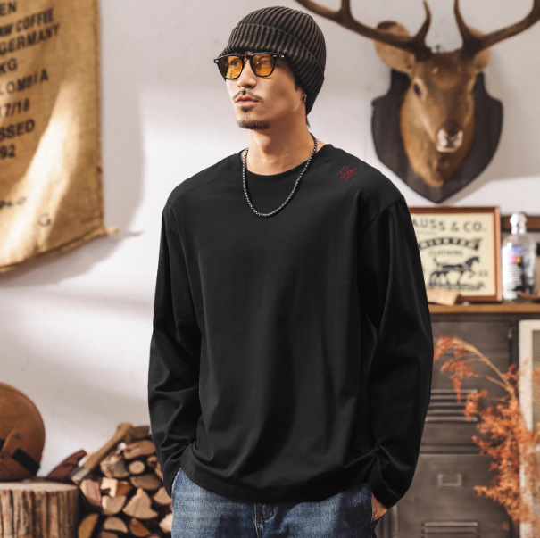 美式復古230g重磅t恤男長袖秋季新款簡約寬鬆休閒棗紅色男裝上衣T