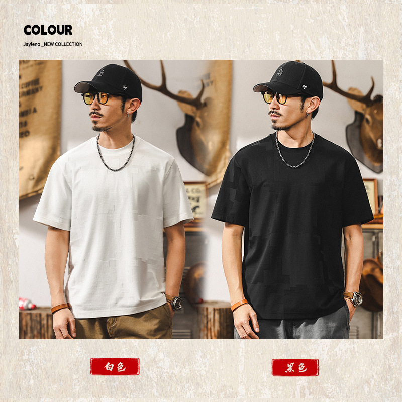 美式復古高級感提花白色T恤男夏季短袖2025新款寬鬆潮流男士上衣T