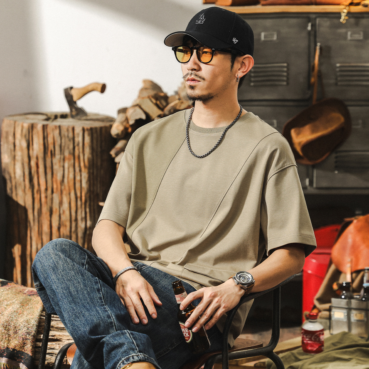 萊賽爾天絲夏季T恤男短袖寬鬆美式復古潮牌寬鬆拼接設計男士上衣