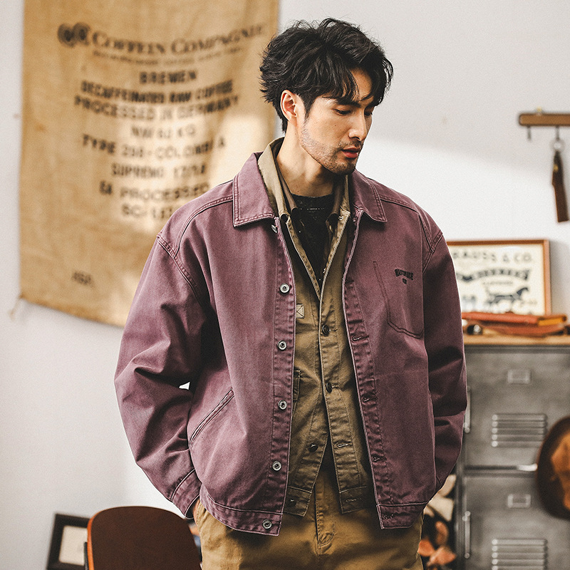 傑雷諾美式重磅複古紫色工裝夾克男秋季潮牌寬松休閑男士外套春秋