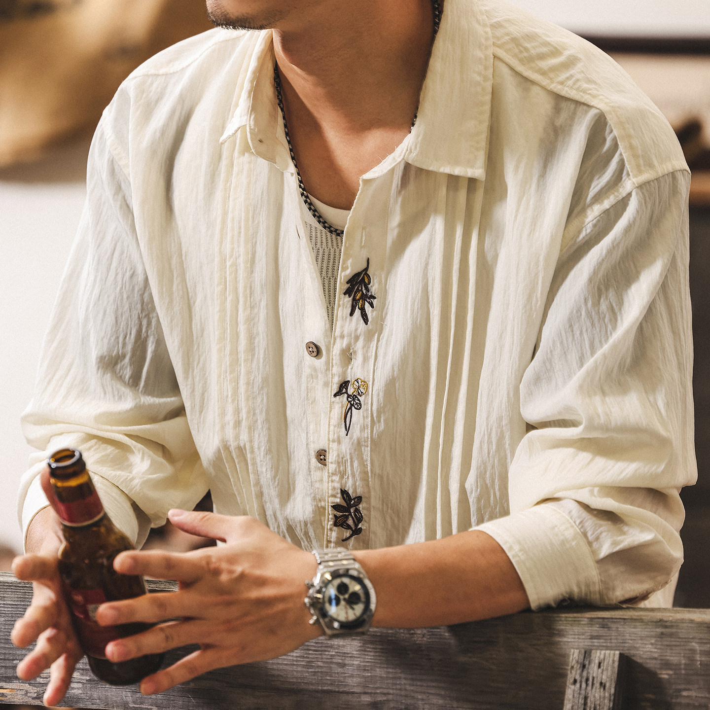 新中式國風刺繡萊賽爾天絲襯衫男春季薄款透氣寬鬆休閒長袖襯衣男