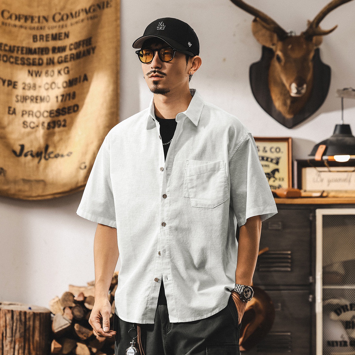 夏季新款亞麻襯衫男士短袖新款2025寬鬆高級感休閒襯衣薄款外套潮