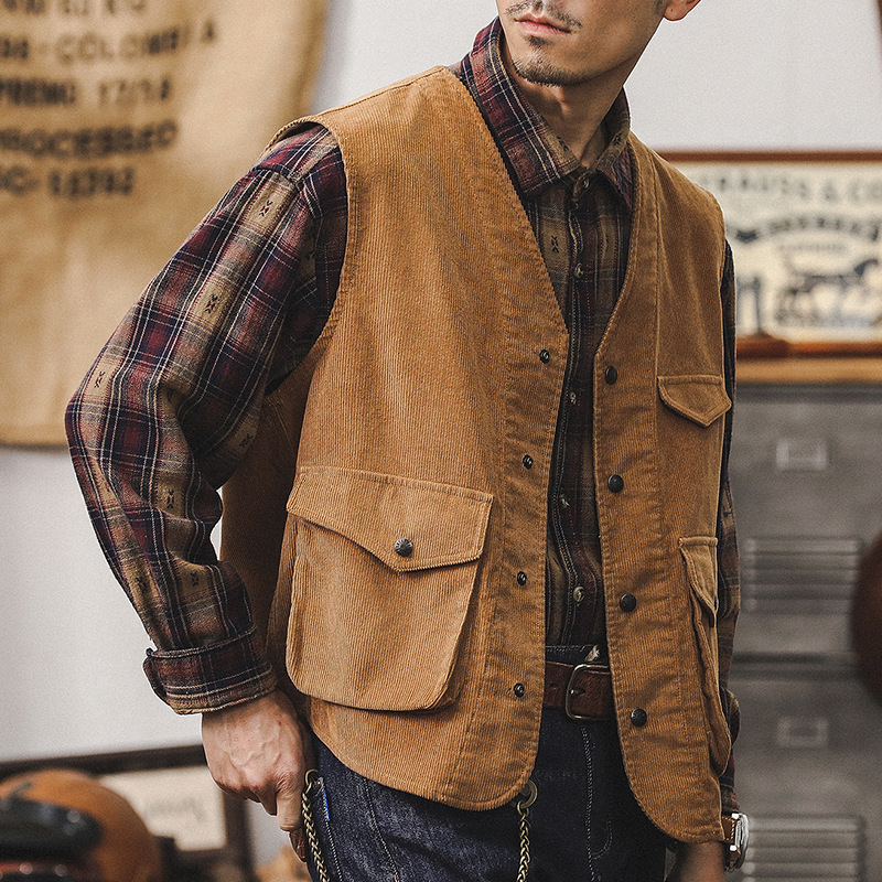美式重磅復古燈芯絨馬甲外套男寬鬆2024新款潮牌古著工裝夾克褂子