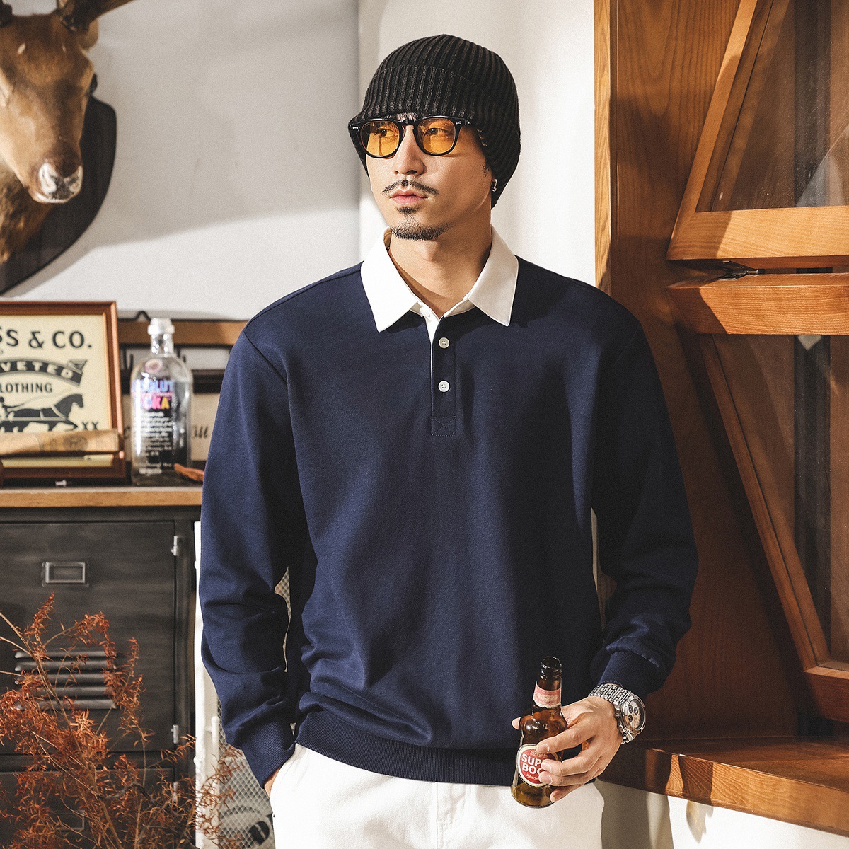 美式復古280g重磅衛衣男春秋款寬鬆撞色翻領Polo衫男長袖休閒上衣