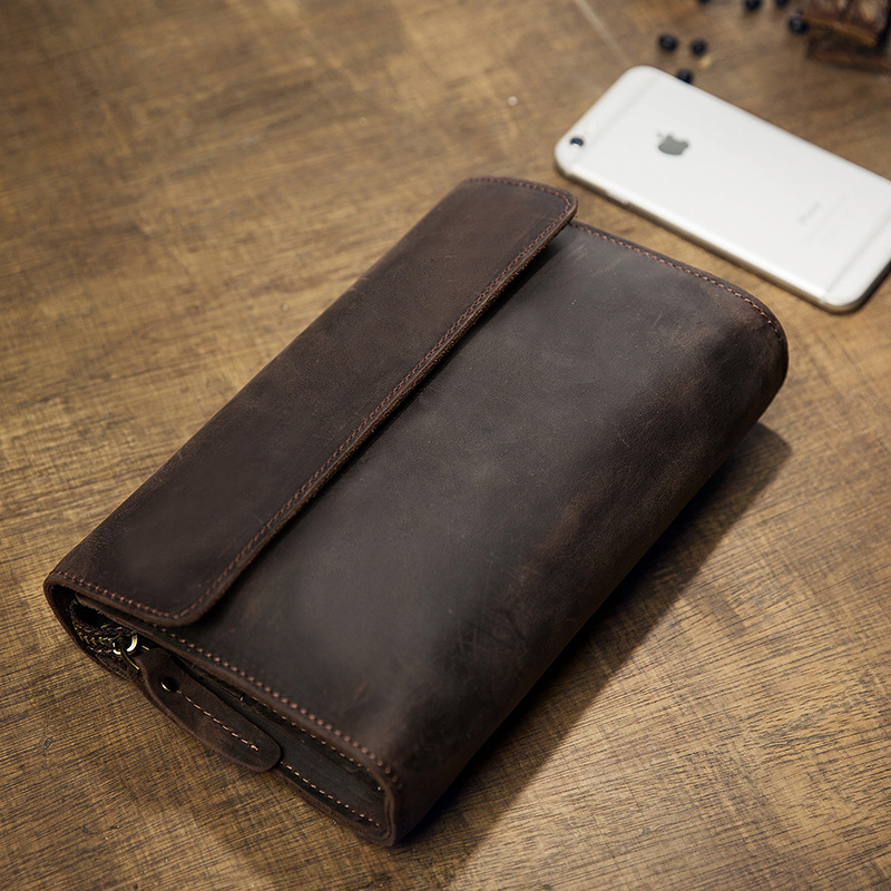 手工原創瘋馬皮男款錢包手拿包真皮復古手機包頭層牛皮手包手抓包