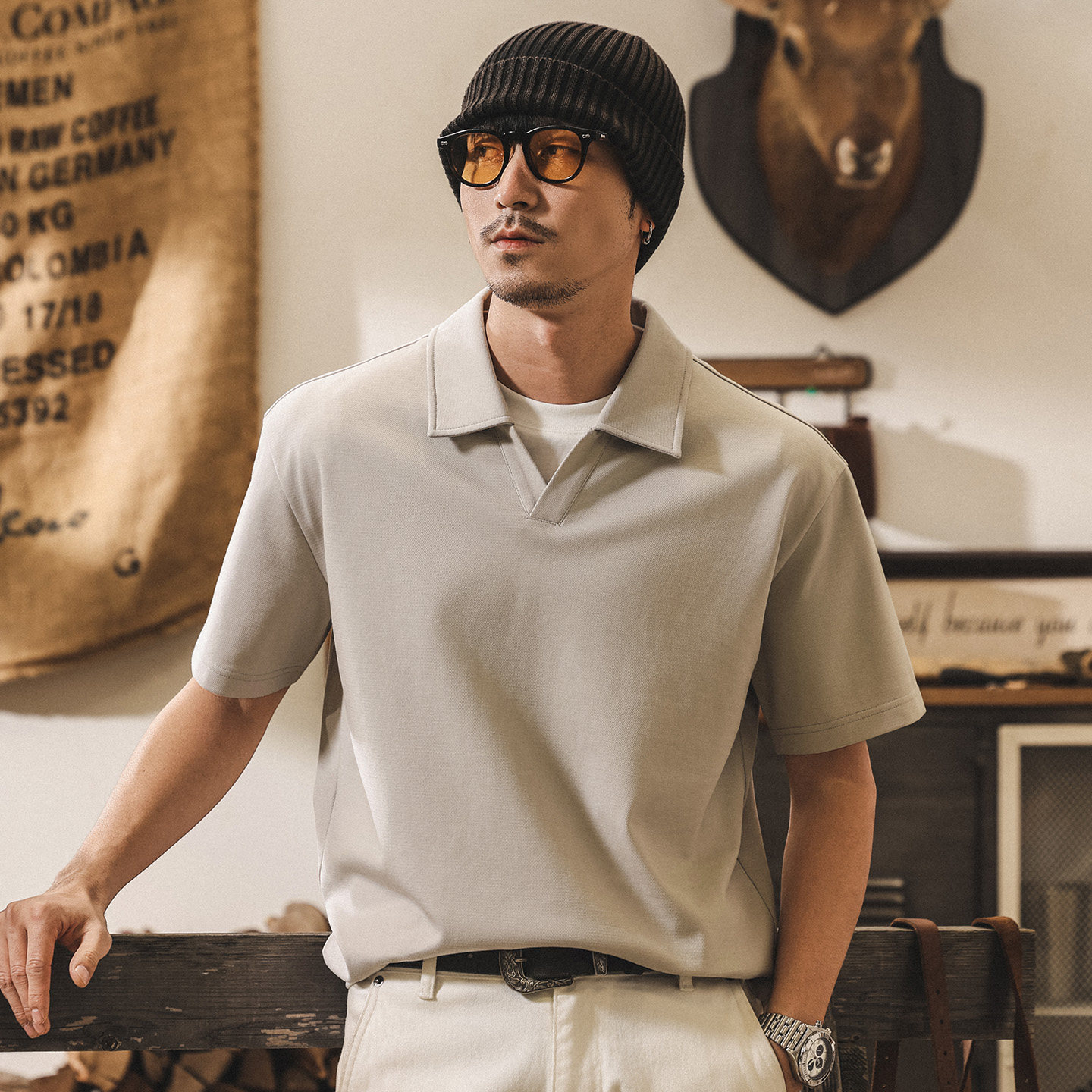 美式復古假兩件海鷗領Polo衫男短袖夏季寬鬆潮牌男士T恤亨利衫男