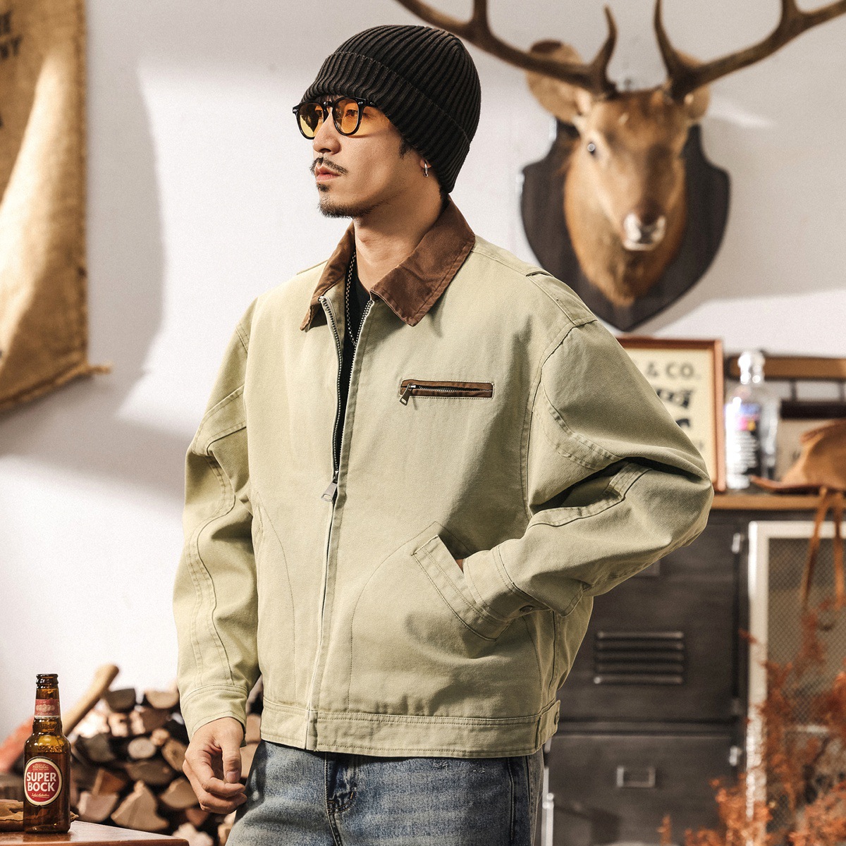 美式重磅復古雙股珠帆工裝外套男春秋潮牌寬鬆底特律獵裝男士夾克