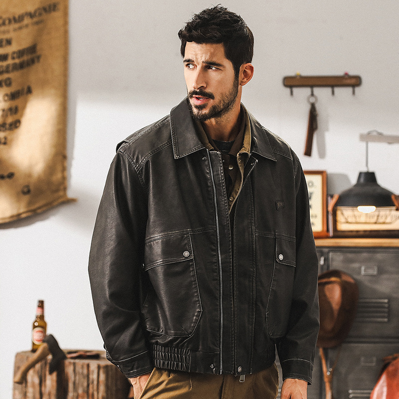 美式復古皮衣外套男秋冬款痞帥成熟硬漢機車服潮牌工裝男士皮夾克