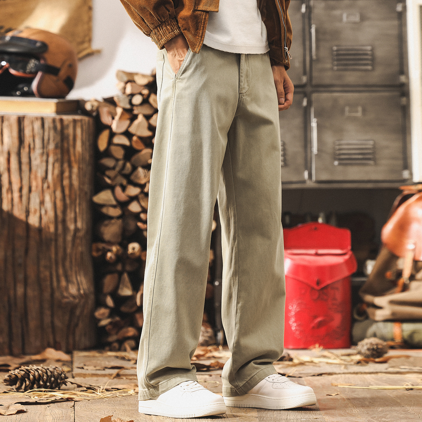 萊賽爾天絲卡其色工裝褲子男秋季新款美式復古潮牌寬鬆男士休閒褲