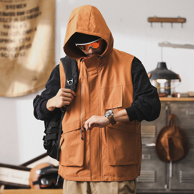 美式山系連帽外套男秋季2024新款潮牌戶外防風防水機能工裝馬甲男