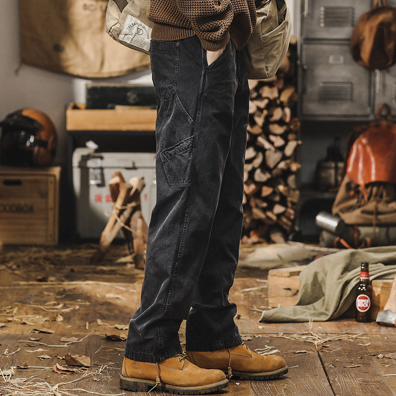美式經典黑色工裝褲子男寬鬆直筒2024新款潮牌水洗做舊百搭休閒褲