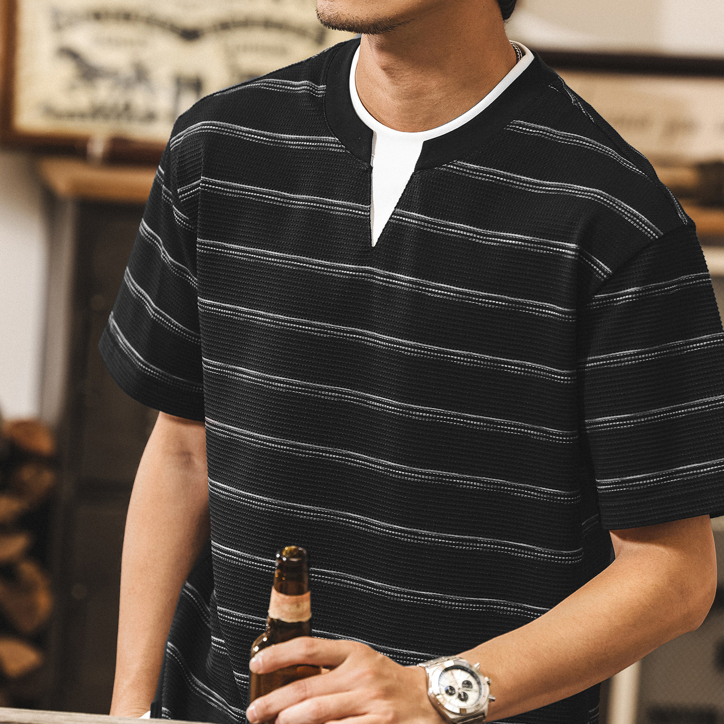 假兩件疊穿提花條紋男士短袖T恤夏季2026新款美式復古寬鬆上衣男