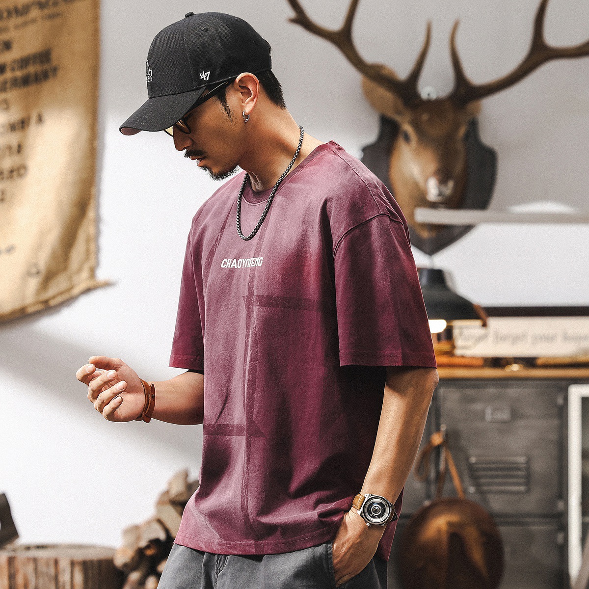 260g重磅酵素做舊短袖T恤男夏季2025新款潮牌龜裂印花上衣男