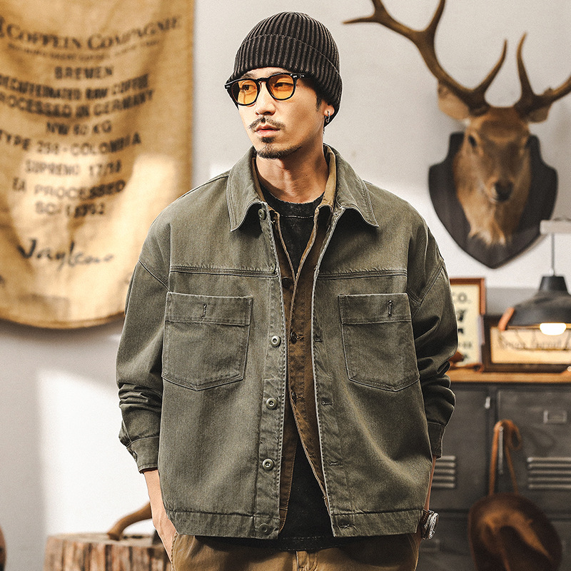 美式復古重磅軍綠色工裝外套男秋季2024新款潮流硬漢寬鬆休閒夾克