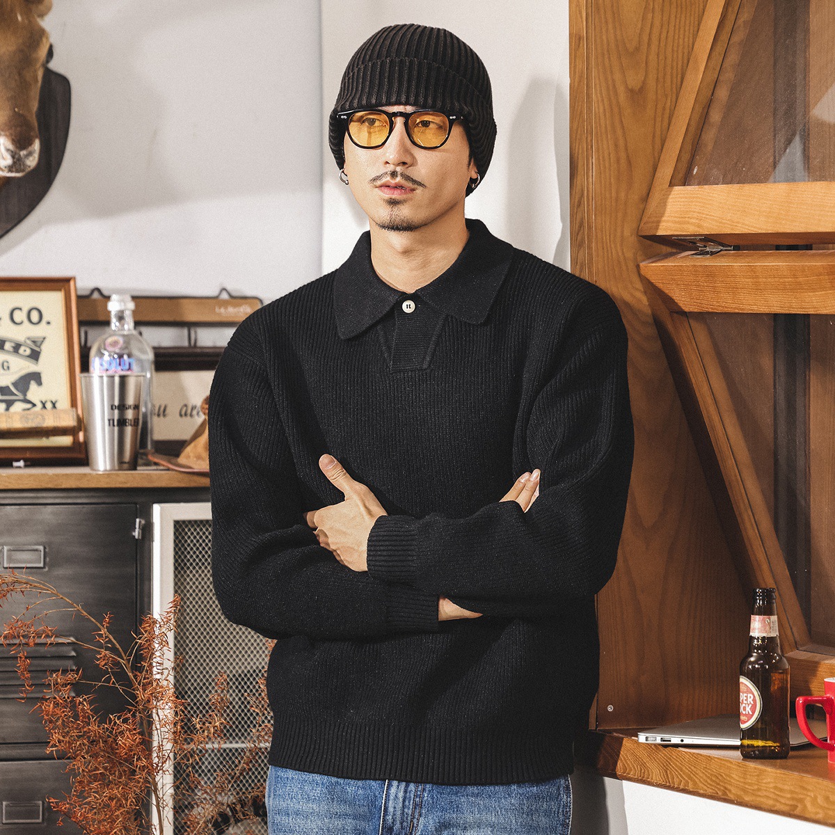 美式復古Polo馬球領毛衣男秋冬新款輕熟寬鬆毛線衣休閒男士針織衫