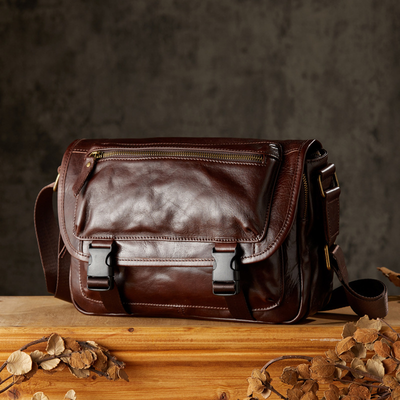 手工真皮男士單肩斜挎包復古頭層植鞣牛皮大容量休閒個性郵差包潮