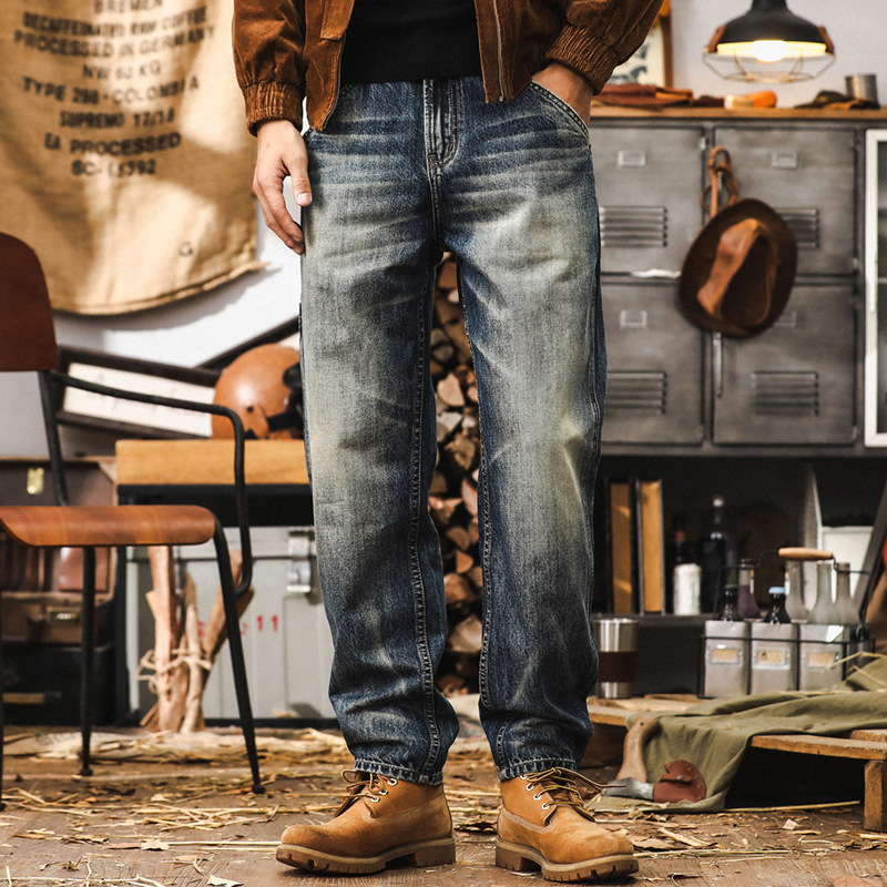 美式復古重磅做舊秋季牛仔褲男寬鬆直筒工裝褲子男潮牌休閒長褲男