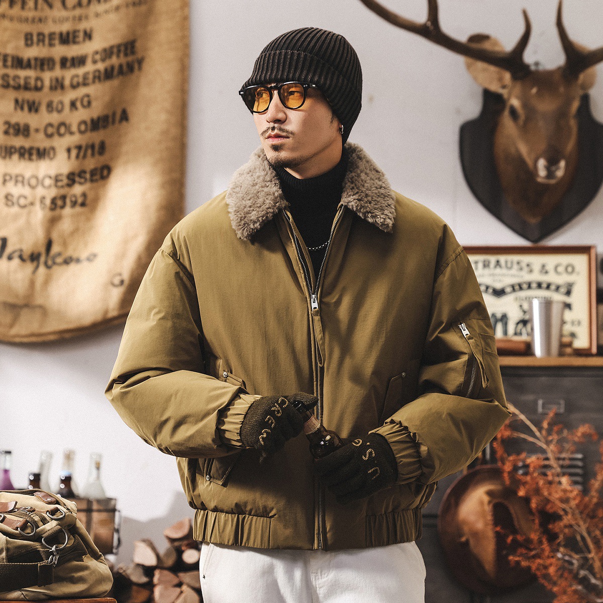 美式復古90%純白鴨絨羊毛領羽絨服男冬季加厚戶外工裝潮牌外套男