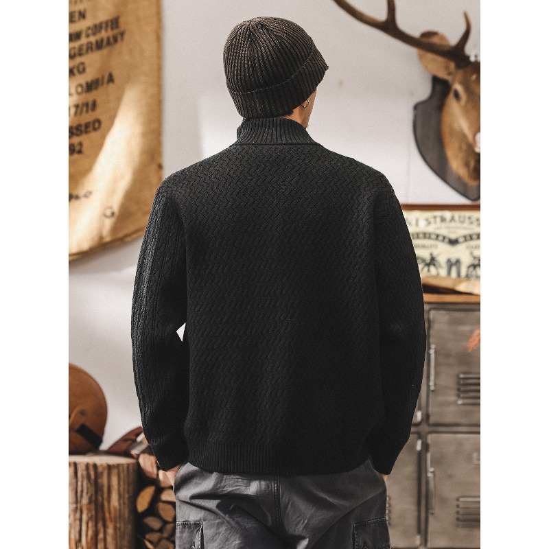 美式復古慵懶風立領開衫毛衣男春秋新款寬鬆拉鍊針織衫外套男秋冬