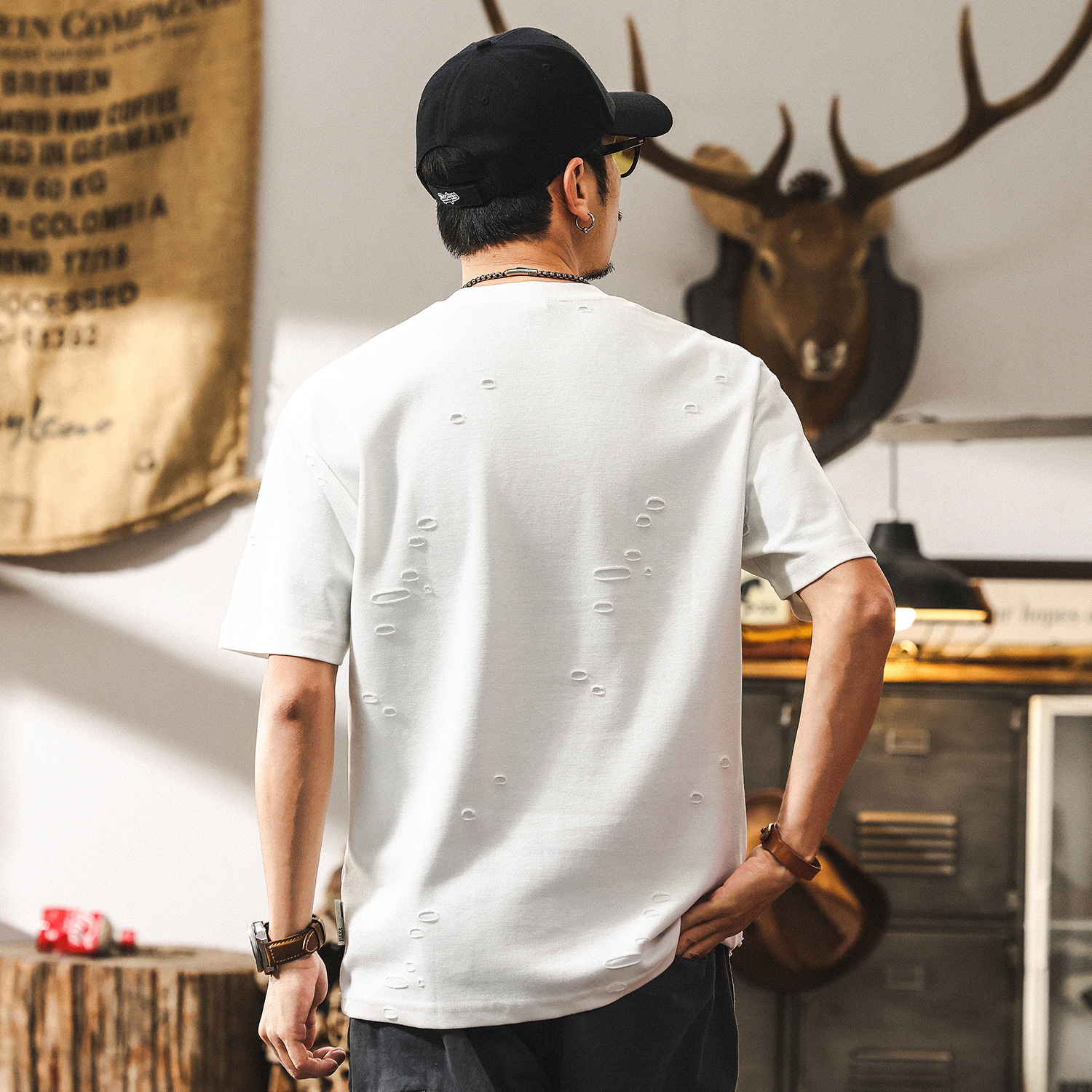 美式復古重磅短袖男款夏季潮牌破洞設計感男士T恤男寬鬆半袖上衣