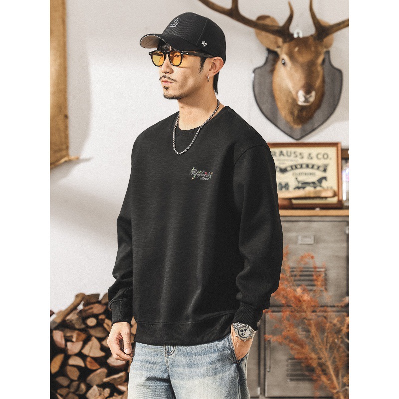 美式復古竹節重磅衛衣男春秋新款潮流彩色刺繡寬鬆大碼男士秋上衣