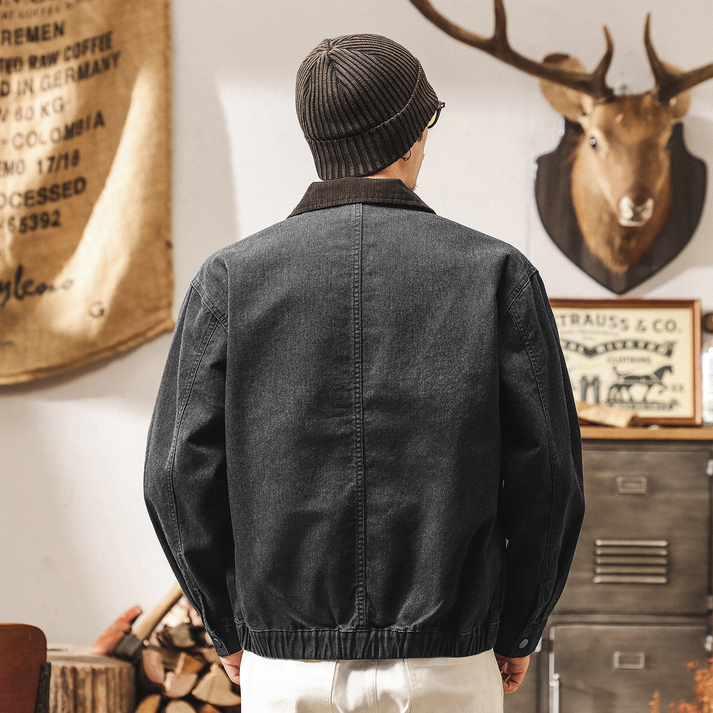 美式復古底特律夾克男春季新款潮牌帥氣提花亞麻珠帆布工裝外套男