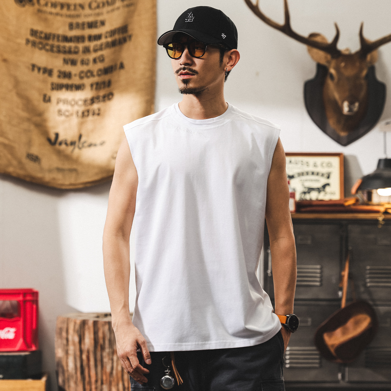 美式復古運動健身背心男夏季寬鬆無袖T恤男寬鬆潮牌白色坎肩上衣