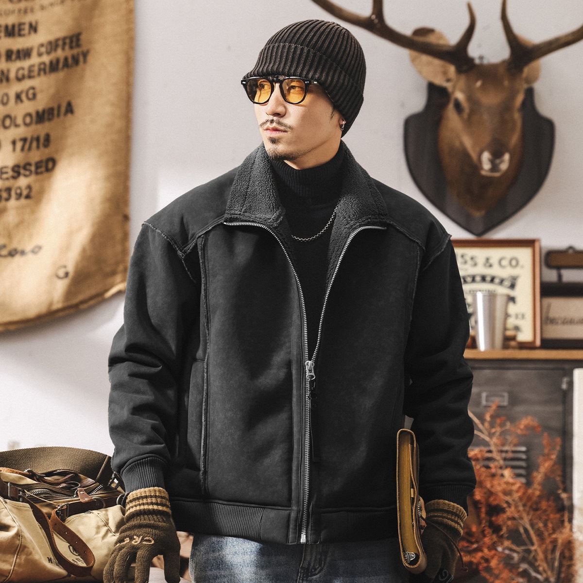 美式復古加厚機車皮毛一體麂皮絨棉服男冬季保暖羊羔絨棉衣外套男