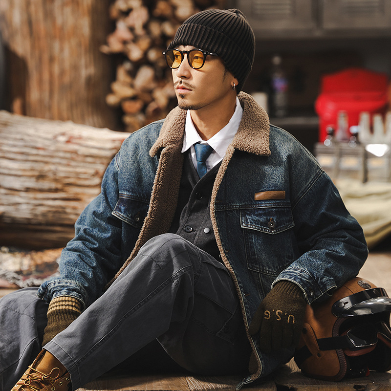 美式復古羊羔絨牛仔外套男冬季加厚棉衣男士夾克棉服男款冬天棉襖