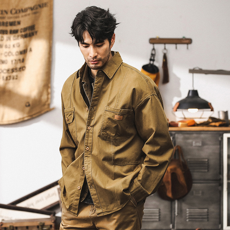 美式復古卡其色工裝襯衫男長袖秋季寬鬆水洗硬漢獵裝夾克男款外套