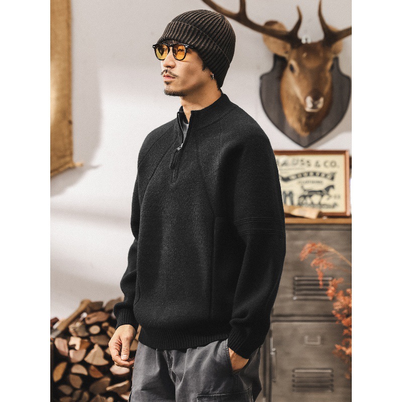 美式復古7針重磅半拉鍊毛衣男秋冬寬鬆慵懶風半高領針織衫外套男