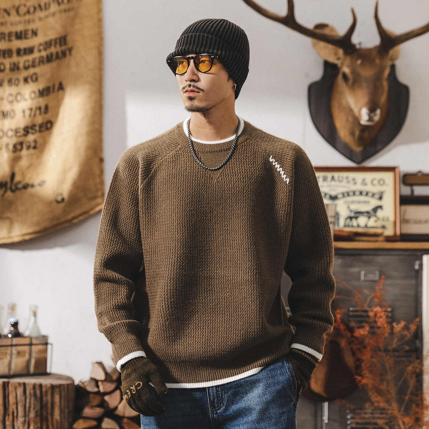 美式復古重磅假兩件毛衣男加厚冬季保暖毛線衣圓領寬鬆男士針織衫