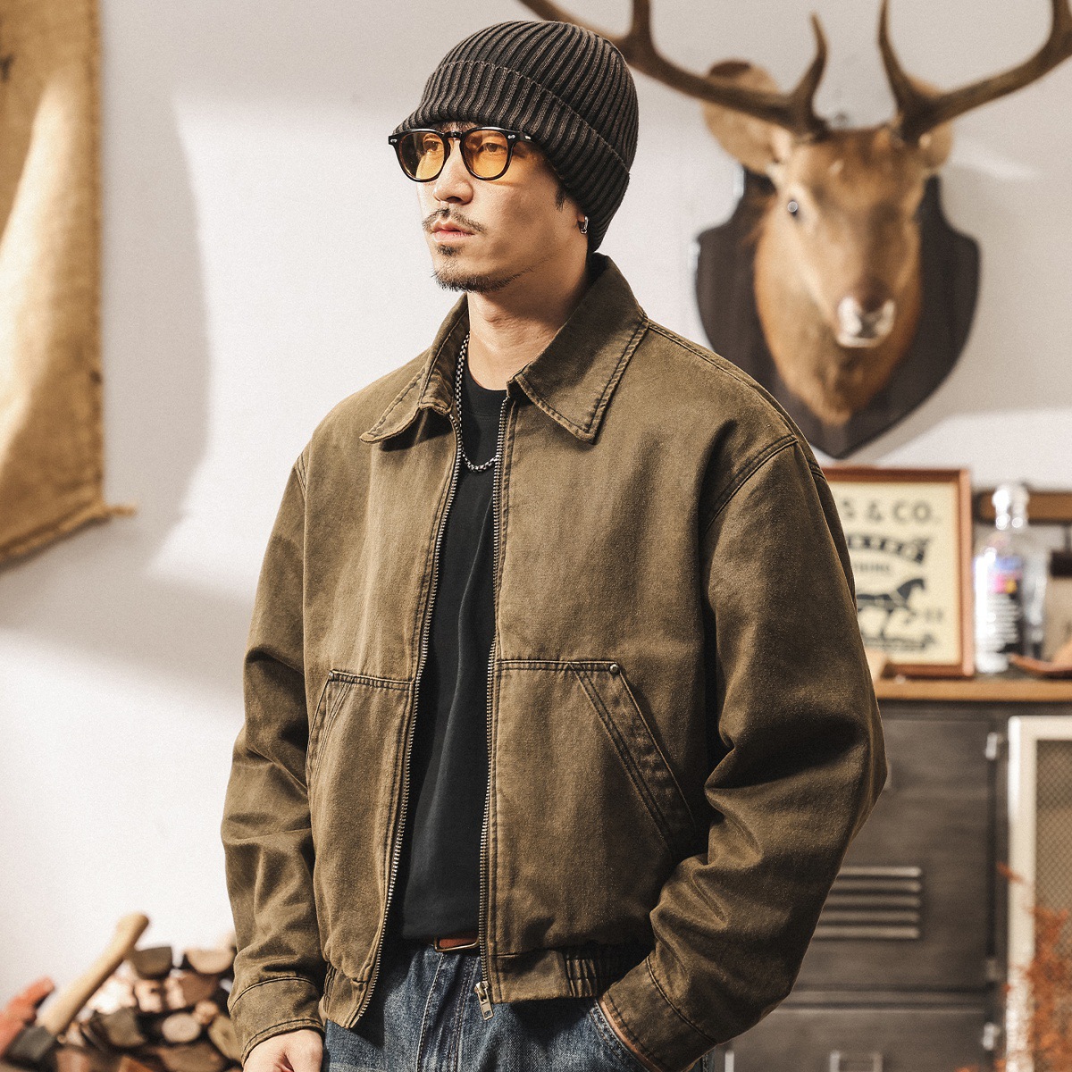 美式復古工裝油蠟皮夾克男秋季潮牌機車短款硬漢巴恩風外套男春秋