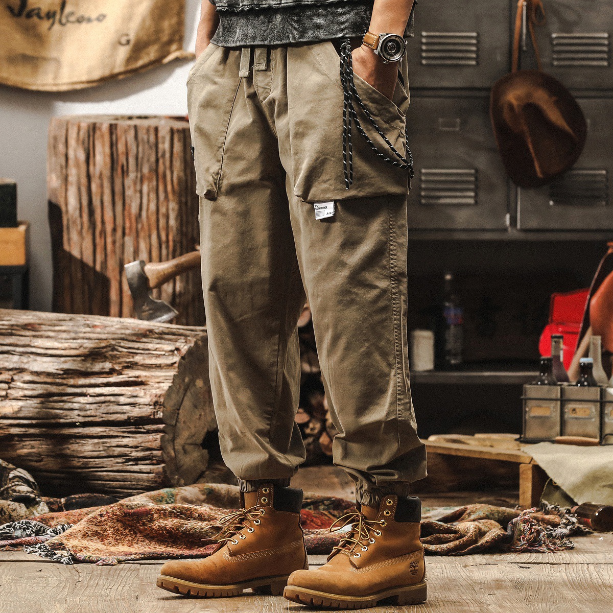 美式復古卡其色工裝褲子男秋季寬鬆闊腿褲新款戶外潮牌男士休閒褲