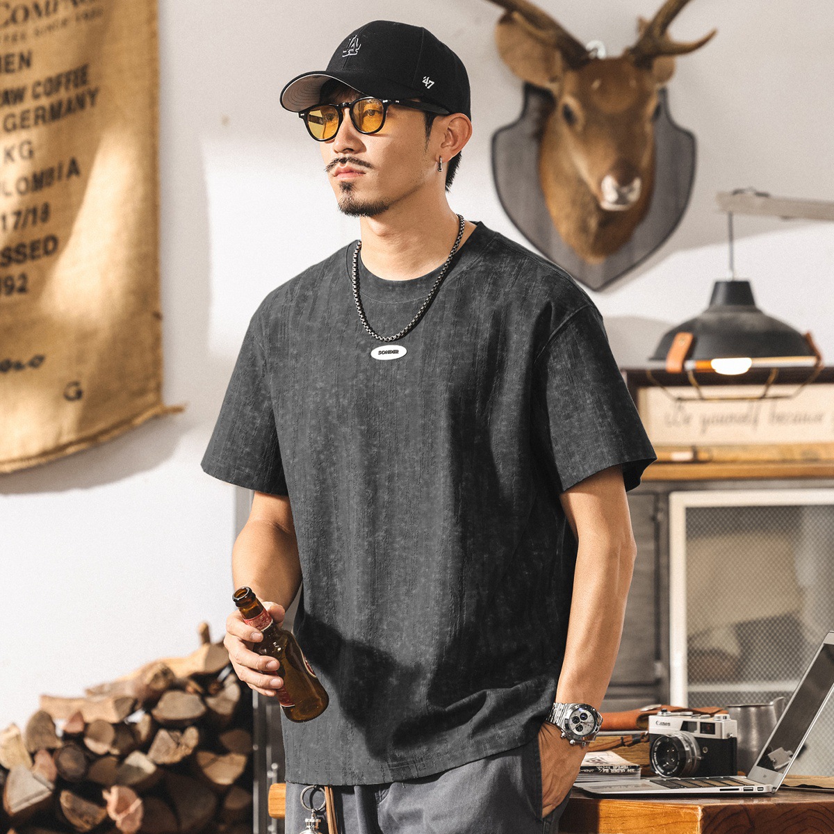 夏季新款高級感提花短袖t恤男美式潮流設計寬鬆休閒半袖男士上衣